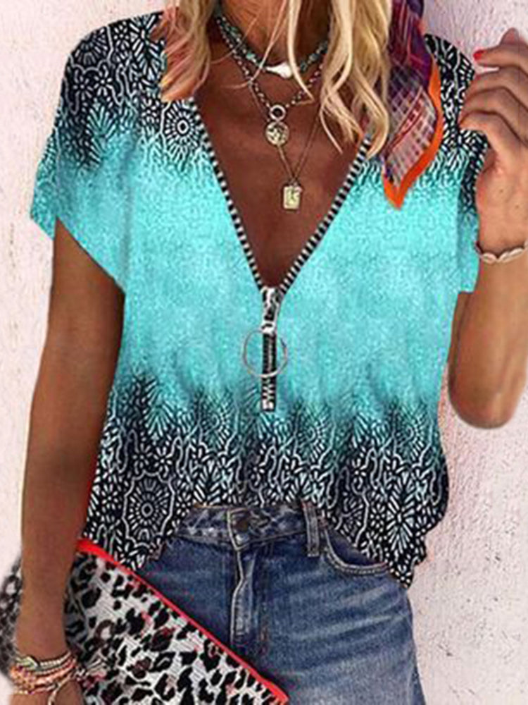 Blús Boho le Bloc Datha Clóite Treibhe, Zipper agus V-Mhuineál