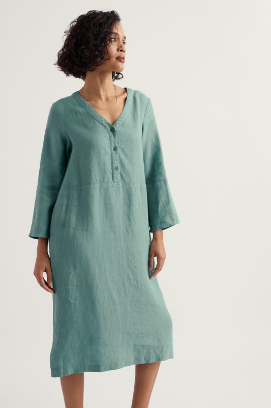 Abito dritto in lino Dew Drop con scollo a V