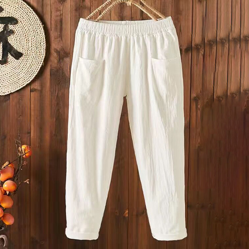 Pantaloni Comodi in Cotone e Lino con Tasche Vintage