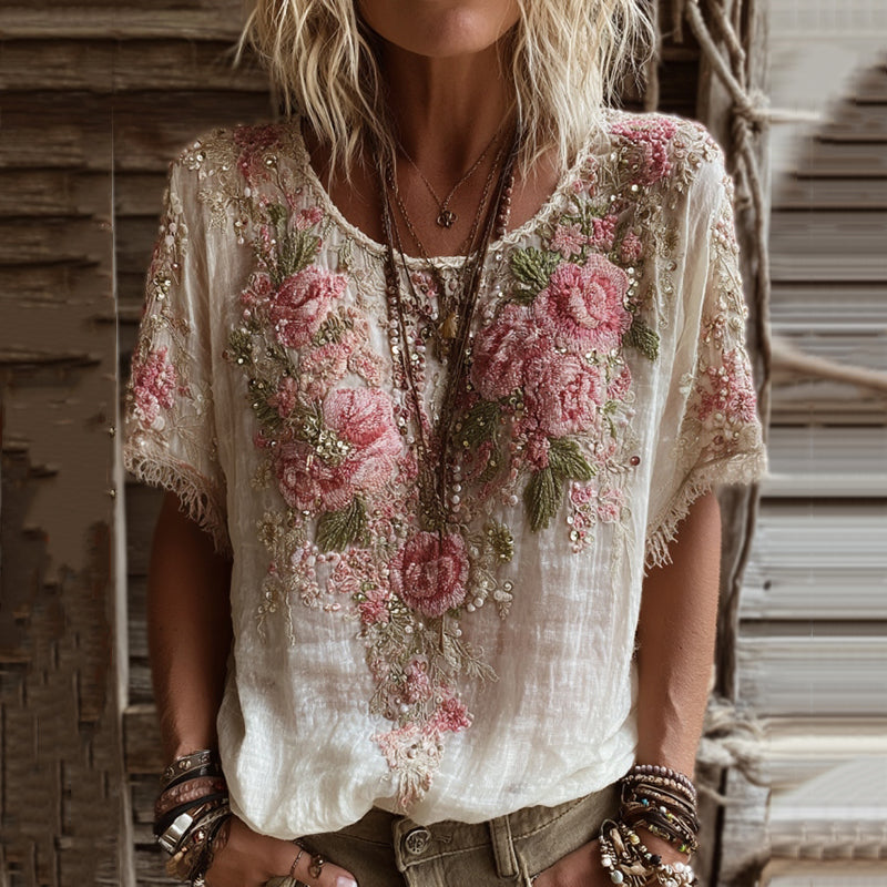 T-shirt da donna in misto lino con ricamo rosa, collo rotondo e maniche corte