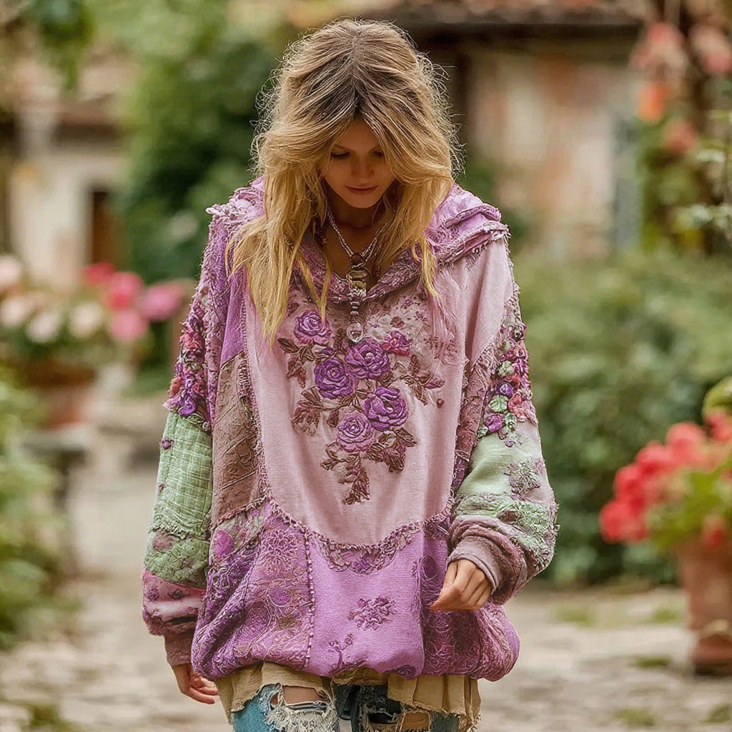 Sweat à capuche vintage à motif floral pour femme