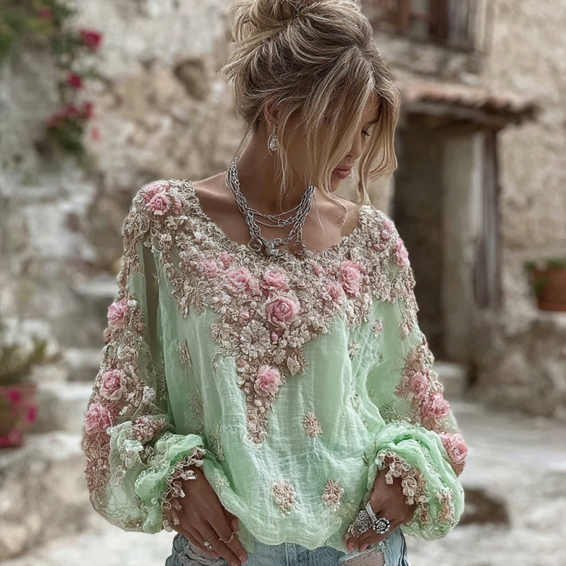 T-shirt da donna vintage in misto lino con ricamo di fiori rosa, collo rotondo e maniche lunghe