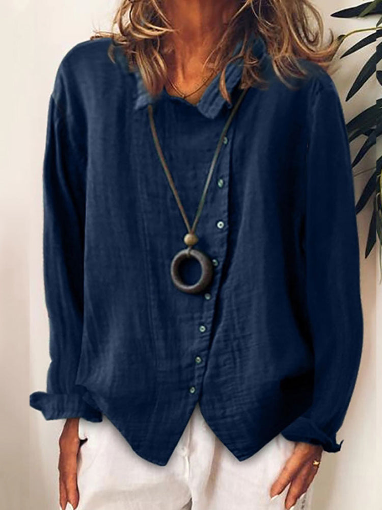 Chemise décontractée unie à manches longues et boutonnée