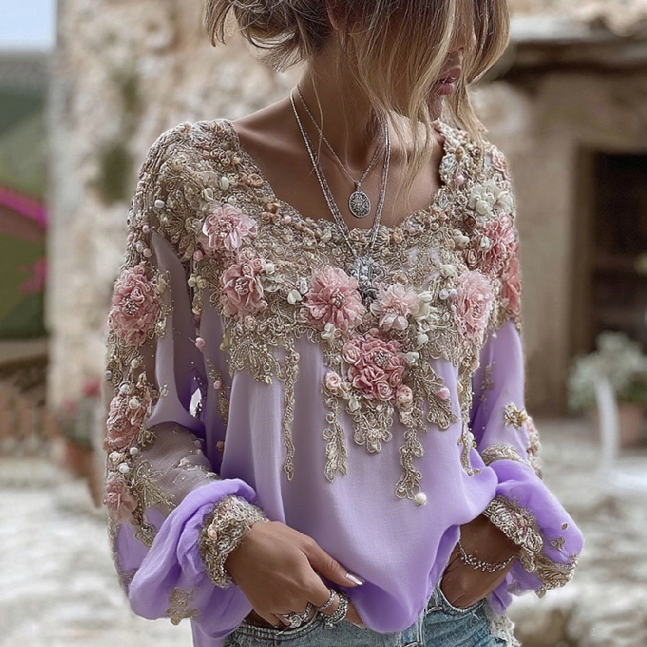 T-shirt Donna in Lino Misto con Ricamo Rosa Rosa, Girocollo e Maniche Lunghe