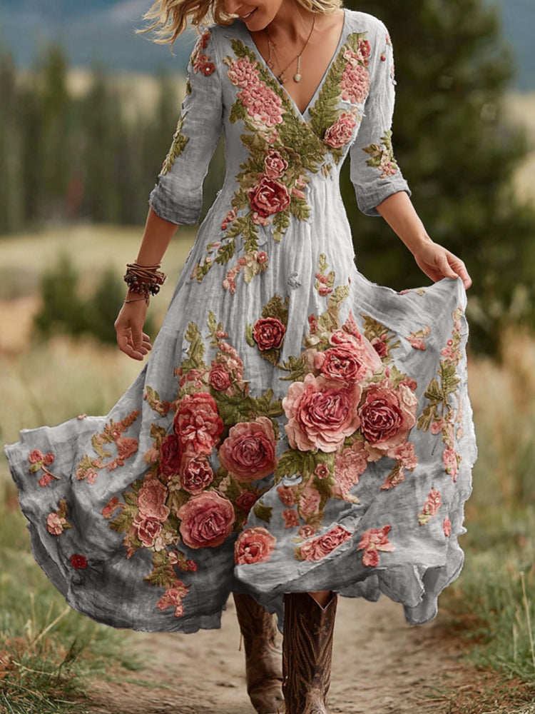 Abito lungo comodo da donna in lino misto con scollo a V e motivo floreale vintage di rose