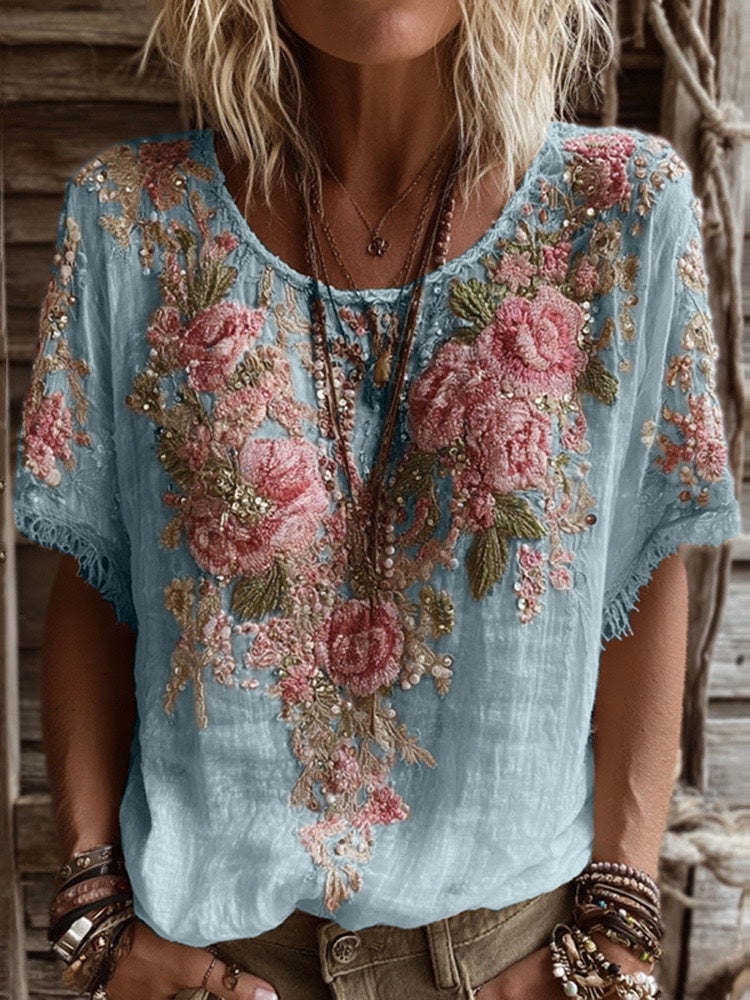 T-shirt da donna in misto lino con ricamo rosa, collo rotondo e maniche corte