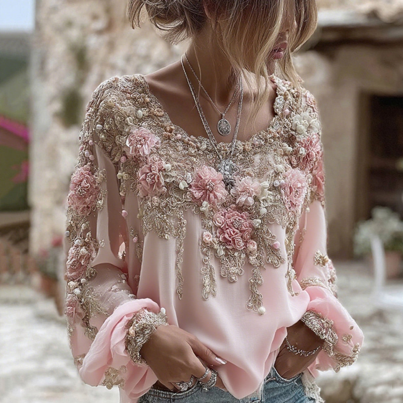 T-shirt Donna in Lino Misto con Ricamo Rosa Rosa, Girocollo e Maniche Lunghe