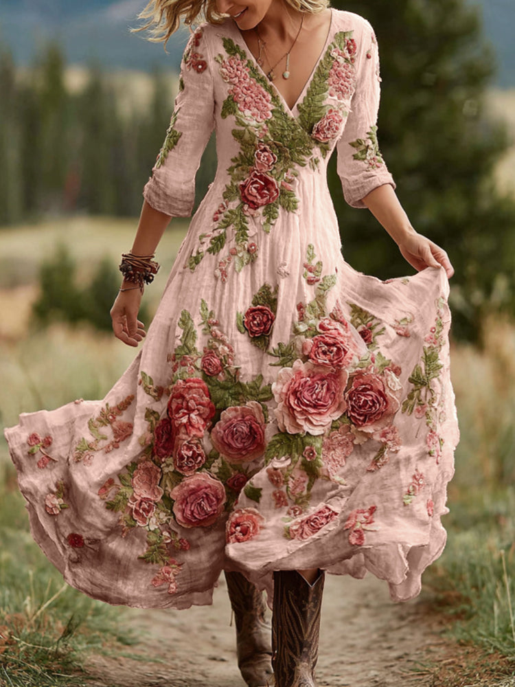 Abito lungo comodo da donna in lino misto con scollo a V e motivo floreale vintage di rose