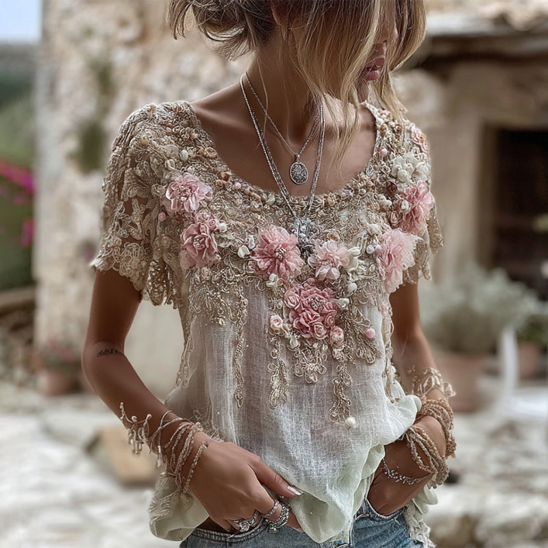 T-shirt da donna in misto lino con ricamo rosa, collo rotondo e maniche corte
