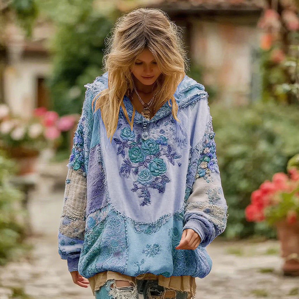 Sweat à capuche vintage à motif floral pour femme