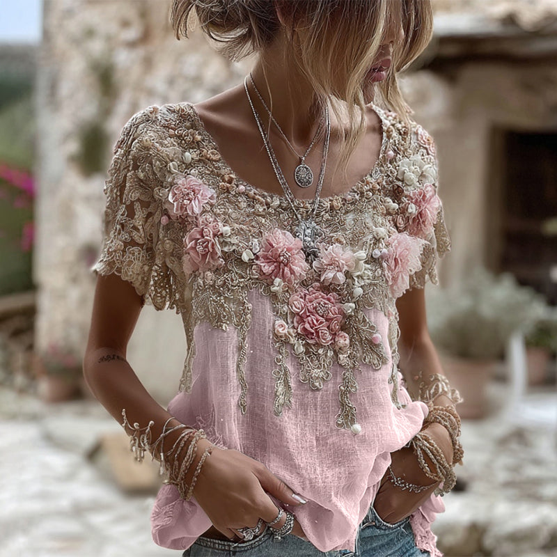 T-shirt da donna in misto lino con ricamo rosa, collo rotondo e maniche corte