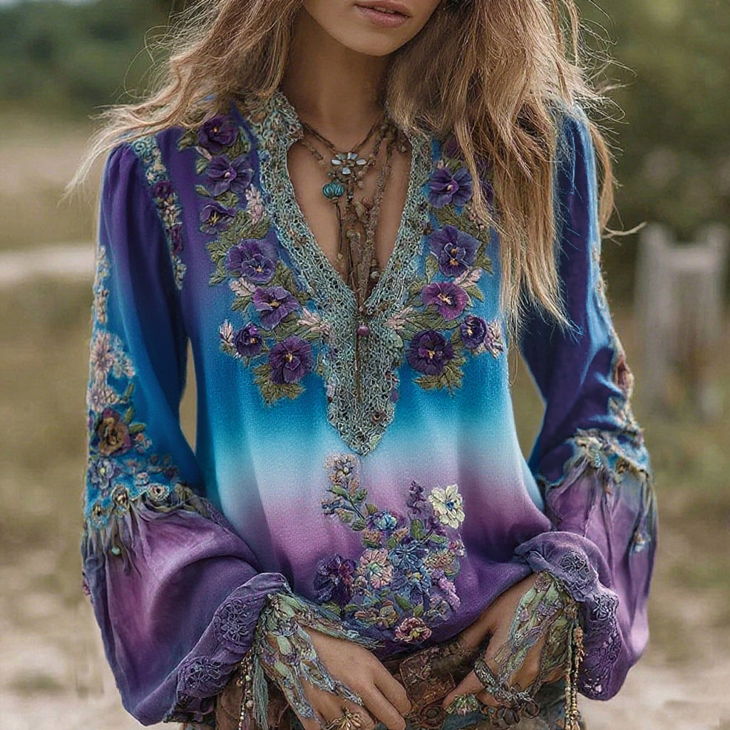 Chemisier à manches longues en lin brodé de pensées dégradées violettes, style vintage et chic