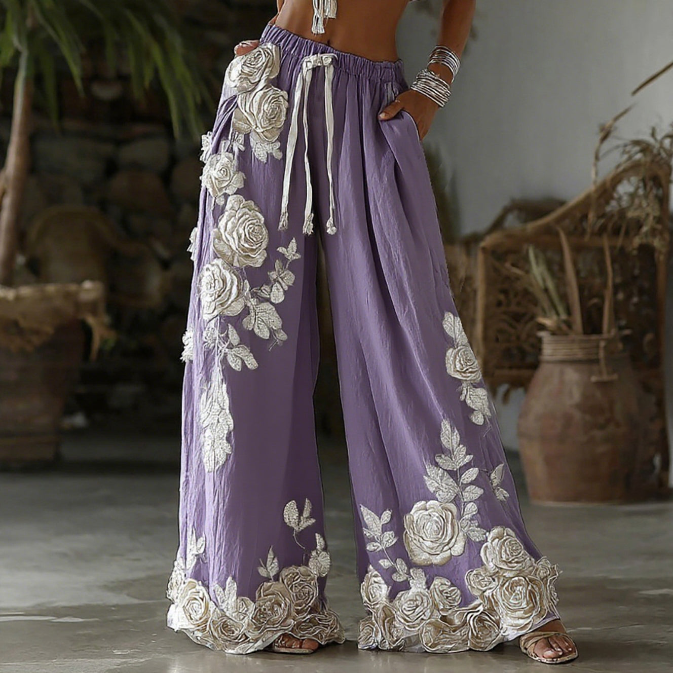 Pantalon en lin décontracté brodé floral style rétro pour femmes