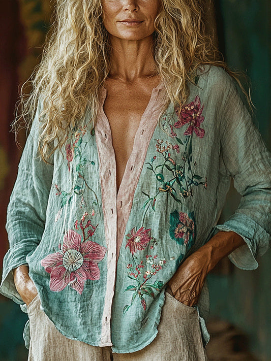 Chemisier femme à manches longues style bohème en lin et à motifs floraux