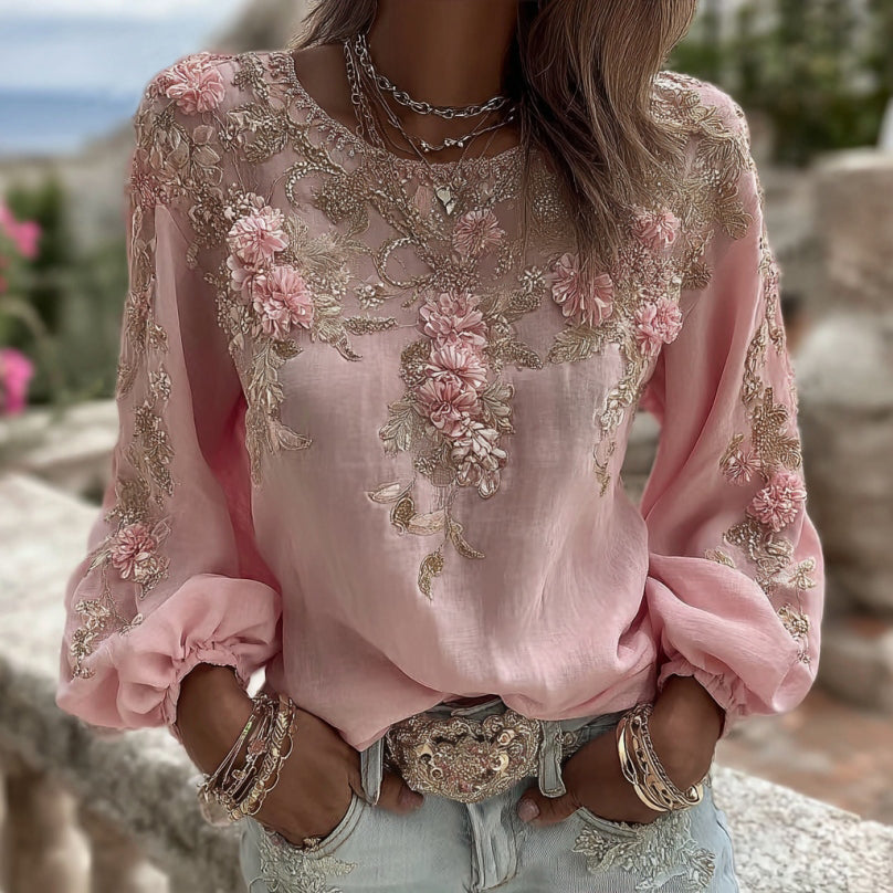 T-shirt da donna vintage in misto lino con ricamo rosa, collo rotondo e maniche lunghe