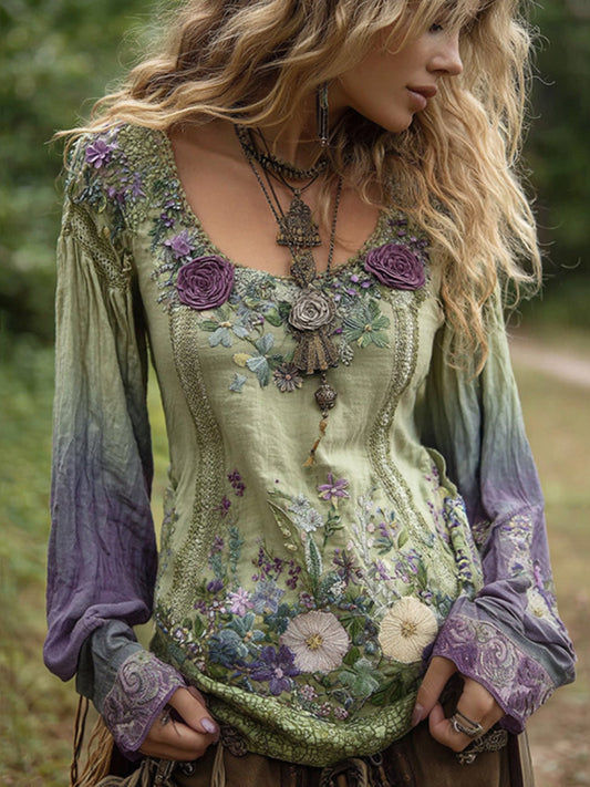 Chemise en lin à manches longues, brodée florale, motif dégradé mauve lavande élégant
