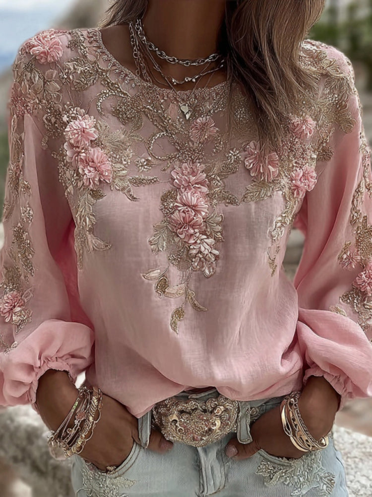 T-shirt da donna vintage in misto lino con ricamo rosa, collo rotondo e maniche lunghe
