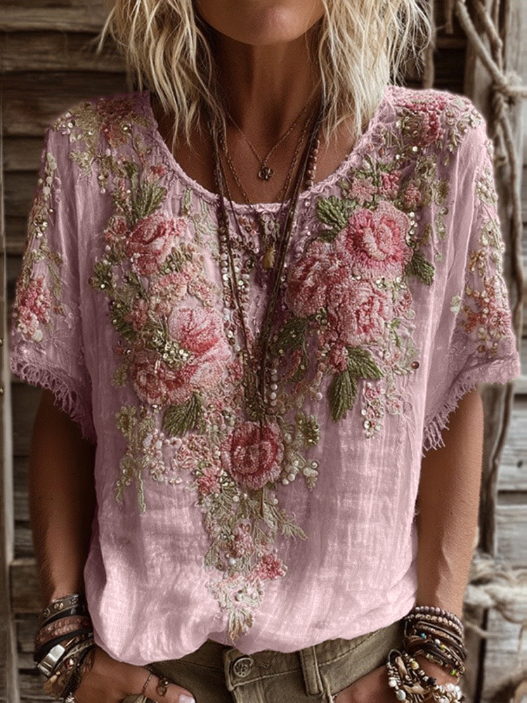 T-shirt da donna in misto lino con ricamo rosa, collo rotondo e maniche corte