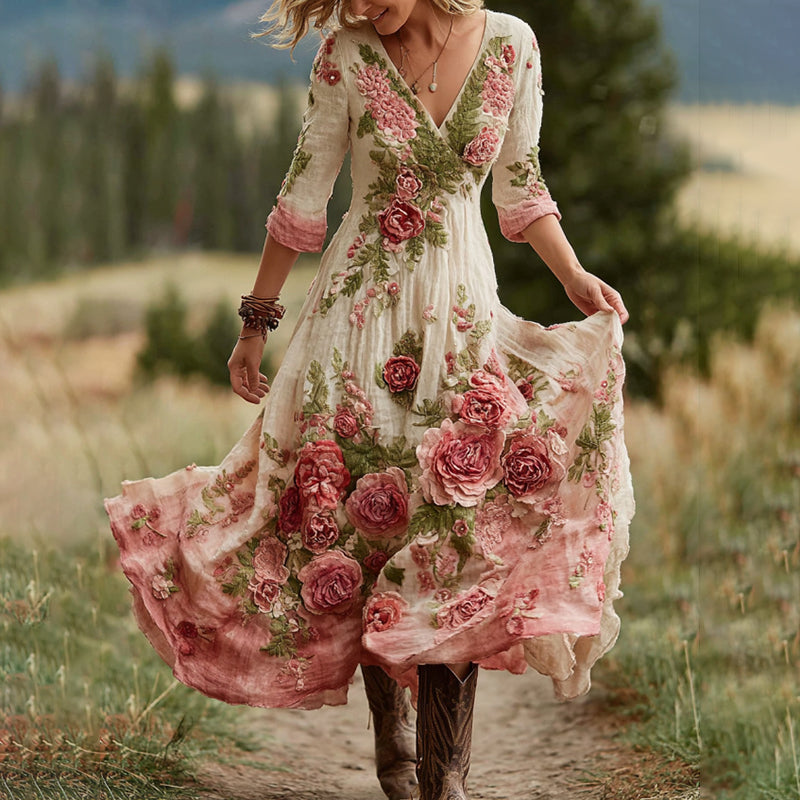 Abito lungo comodo da donna in lino misto con scollo a V e motivo floreale vintage di rose
