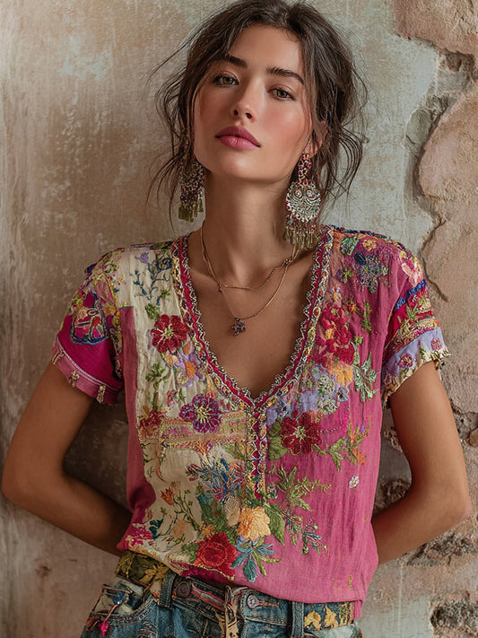 T-shirt en mélange de lin brodé floral bohème à col en V contrastant pour femme