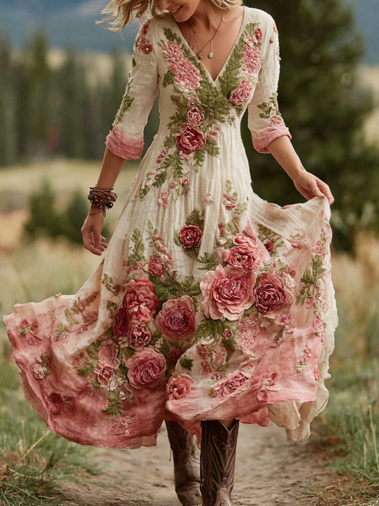 Abito lungo comodo da donna in lino misto con scollo a V e motivo floreale vintage di rose
