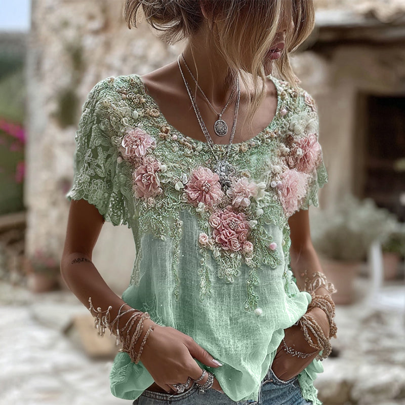 T-shirt da donna in misto lino con ricamo rosa, collo rotondo e maniche corte