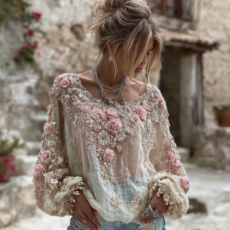 T-shirt da donna vintage in misto lino con ricamo di fiori rosa, collo rotondo e maniche lunghe