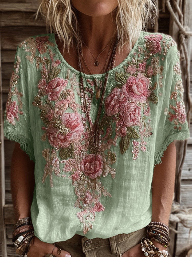 T-shirt da donna in misto lino con ricamo rosa, collo rotondo e maniche corte
