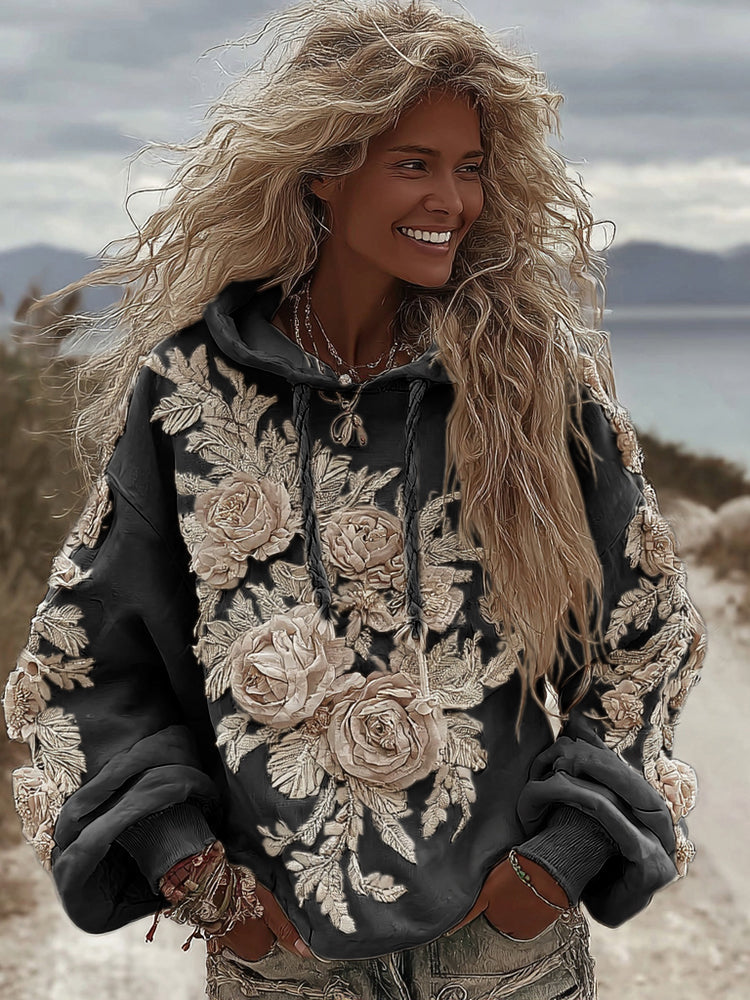 Sweat à capuche confortable brodé roses blanches art romantique classique pour femmes