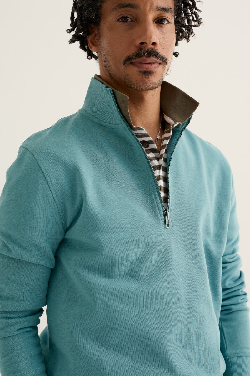 Sweat-shirt ¼ zippé en molleton, coloris mousse pour homme