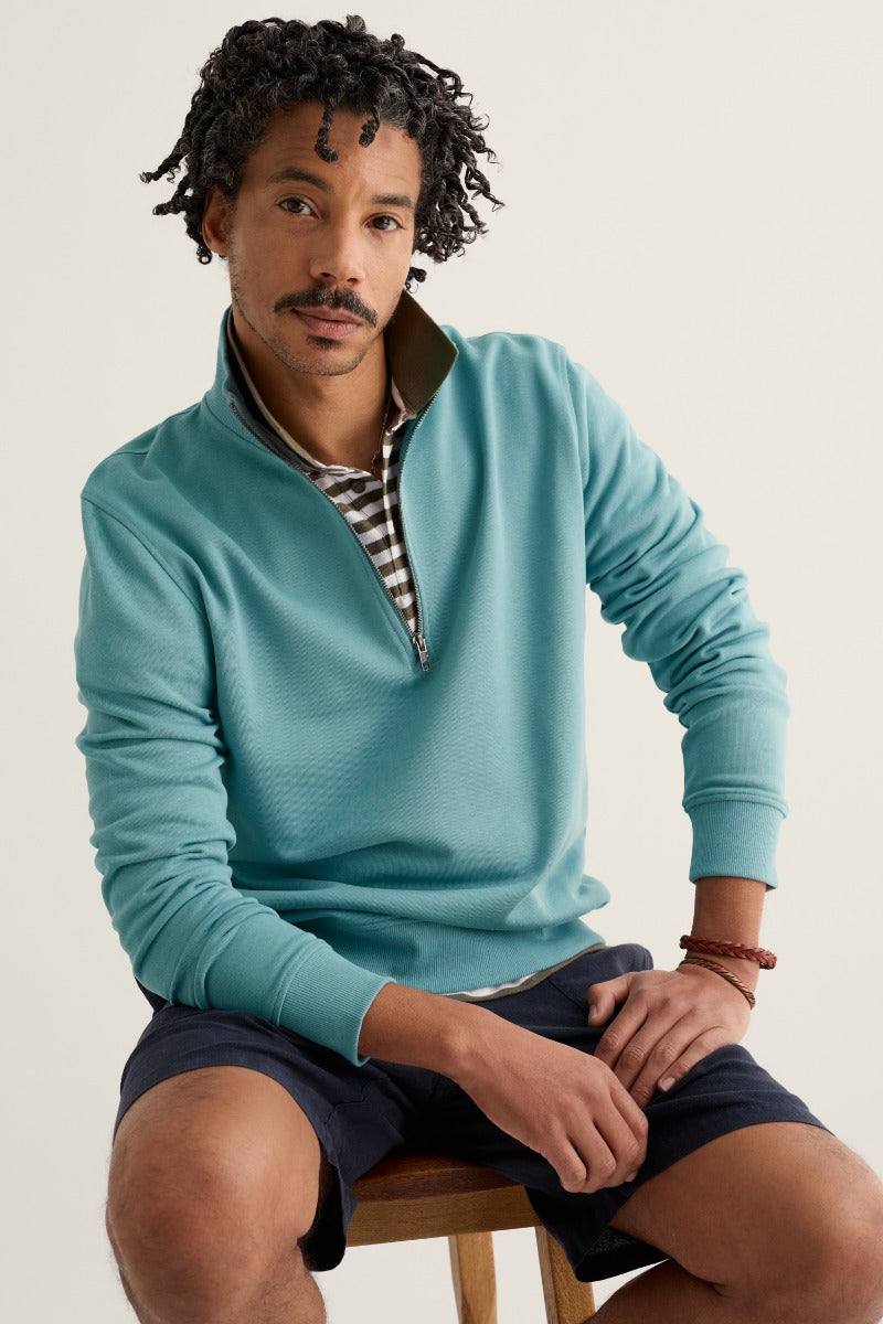Sweat-shirt ¼ zippé en molleton, coloris mousse pour homme