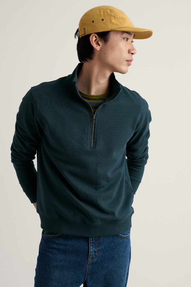 Sweat-shirt ¼ zippé en molleton, coloris mousse pour homme