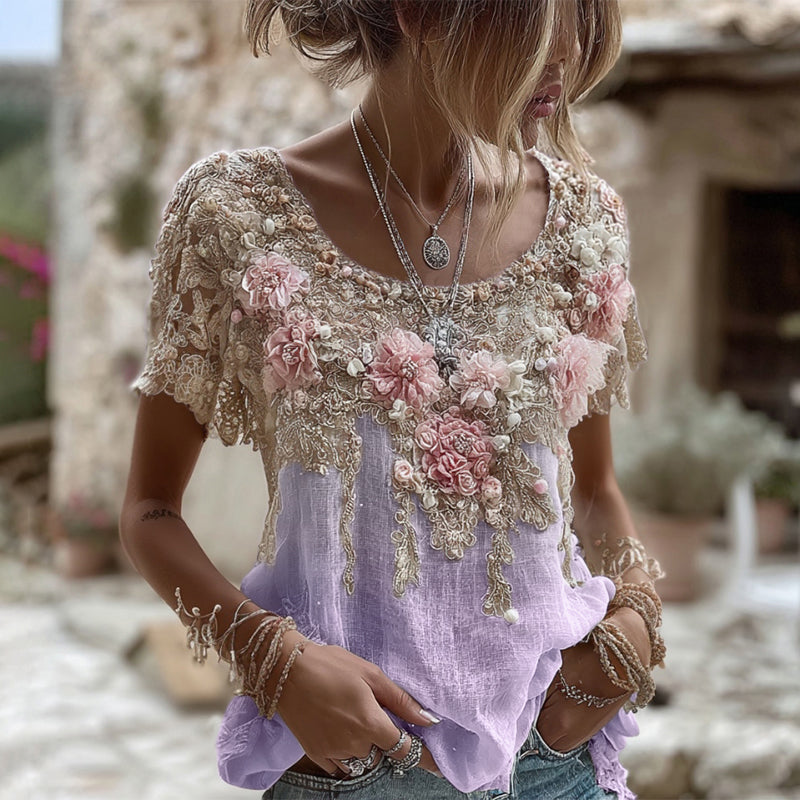 T-shirt da donna in misto lino con ricamo rosa, collo rotondo e maniche corte