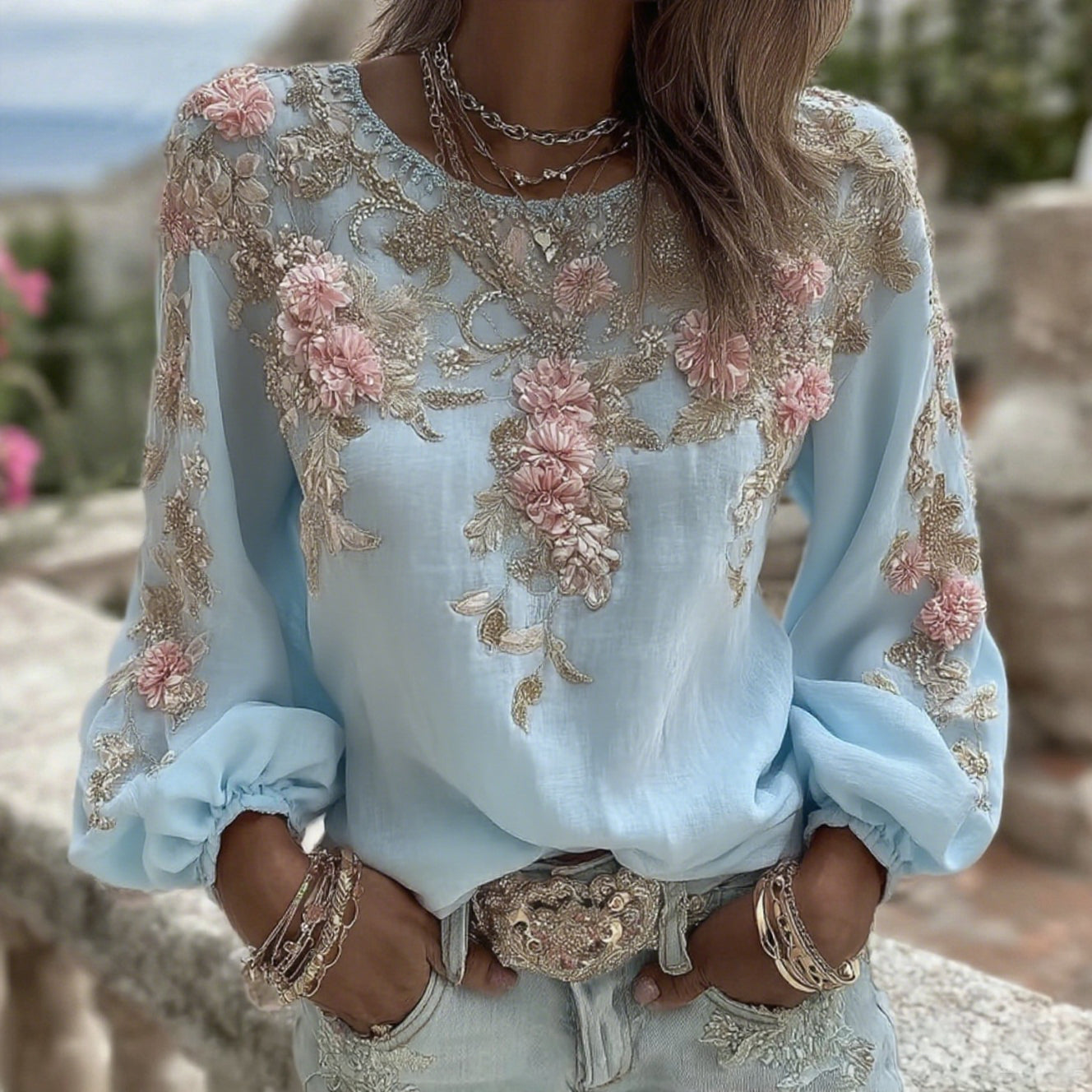 T-shirt da donna vintage in misto lino con ricamo rosa, collo rotondo e maniche lunghe