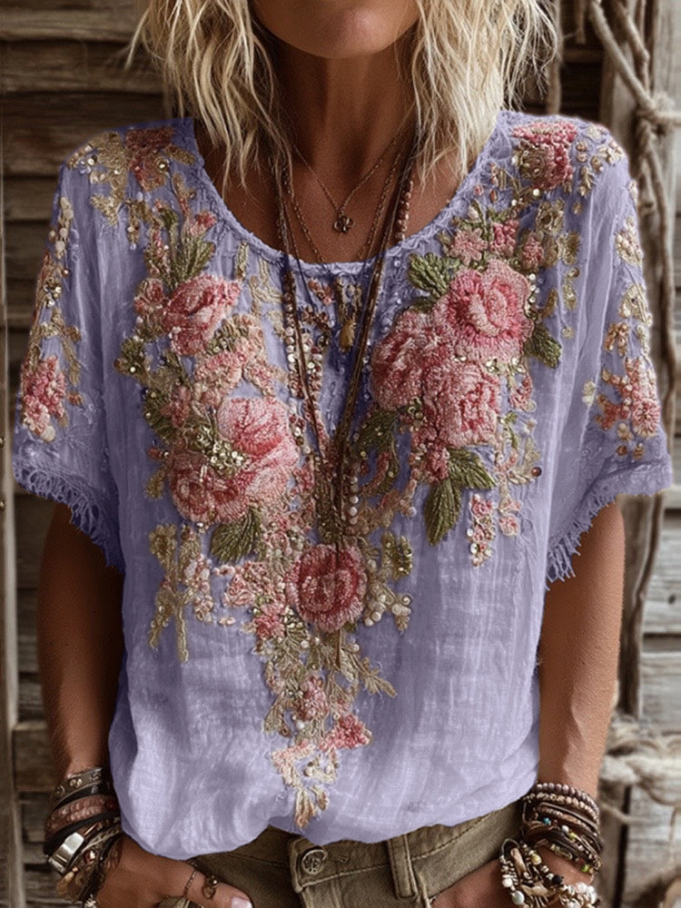 T-shirt da donna in misto lino con ricamo rosa, collo rotondo e maniche corte
