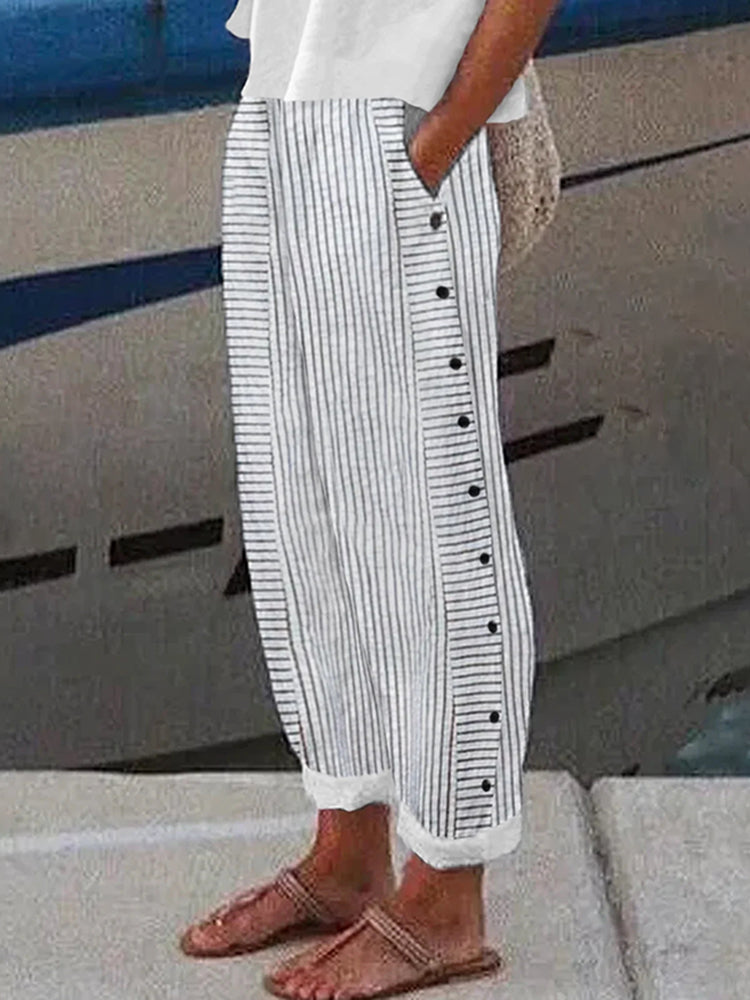 Pantalon Confortable en Coton et Lin Imprimé Rayures Vintage