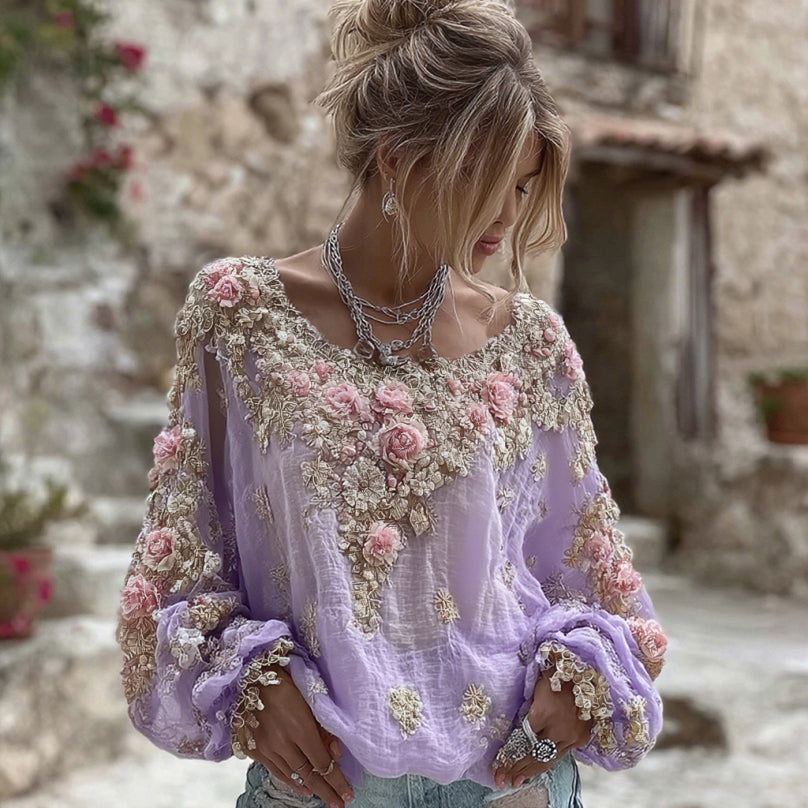 T-shirt da donna vintage in misto lino con ricamo di fiori rosa, collo rotondo e maniche lunghe