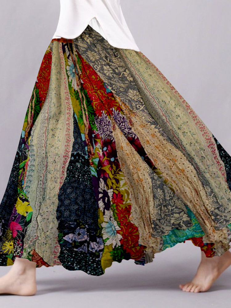 Jupe ample vintage style bohème en patchwork de lin mélangé