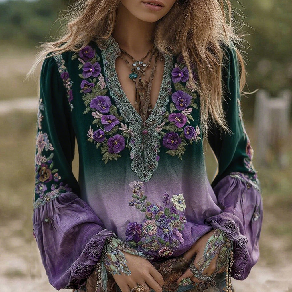 Chemisier à manches longues en lin brodé de pensées dégradées violettes, style vintage et chic