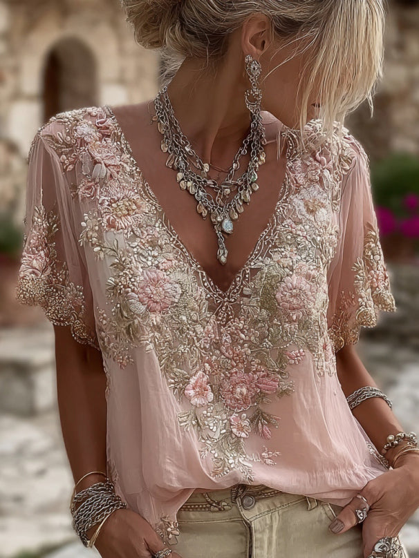 T-shirt Donna in Lino Misto con Ricamo Floreale, Scollo a V e Maniche Corte