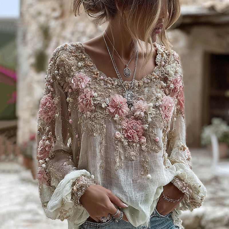 T-shirt Donna in Lino Misto con Ricamo Rosa Rosa, Girocollo e Maniche Lunghe