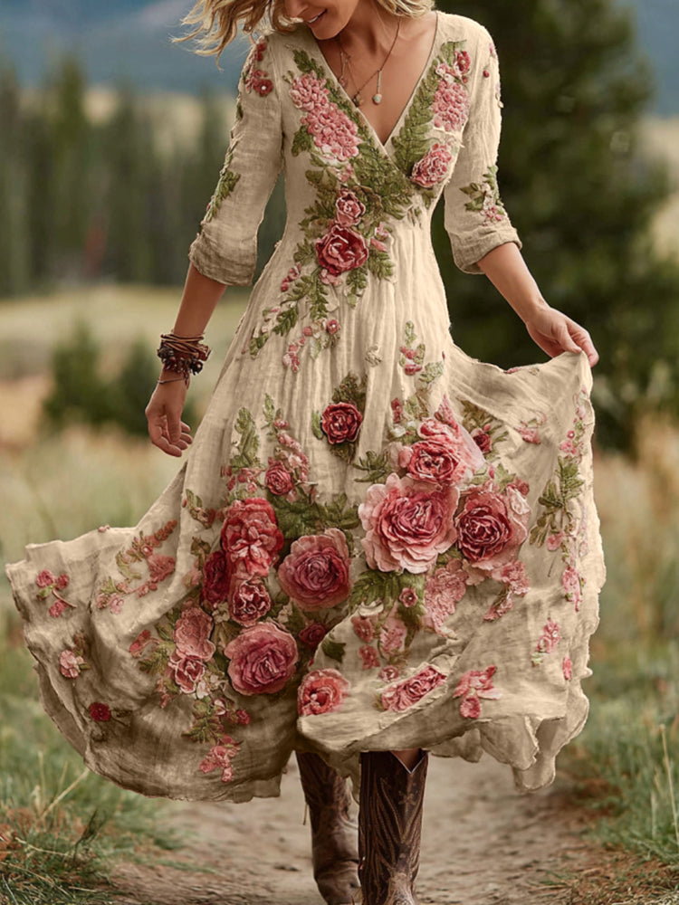 Abito lungo comodo da donna in lino misto con scollo a V e motivo floreale vintage di rose
